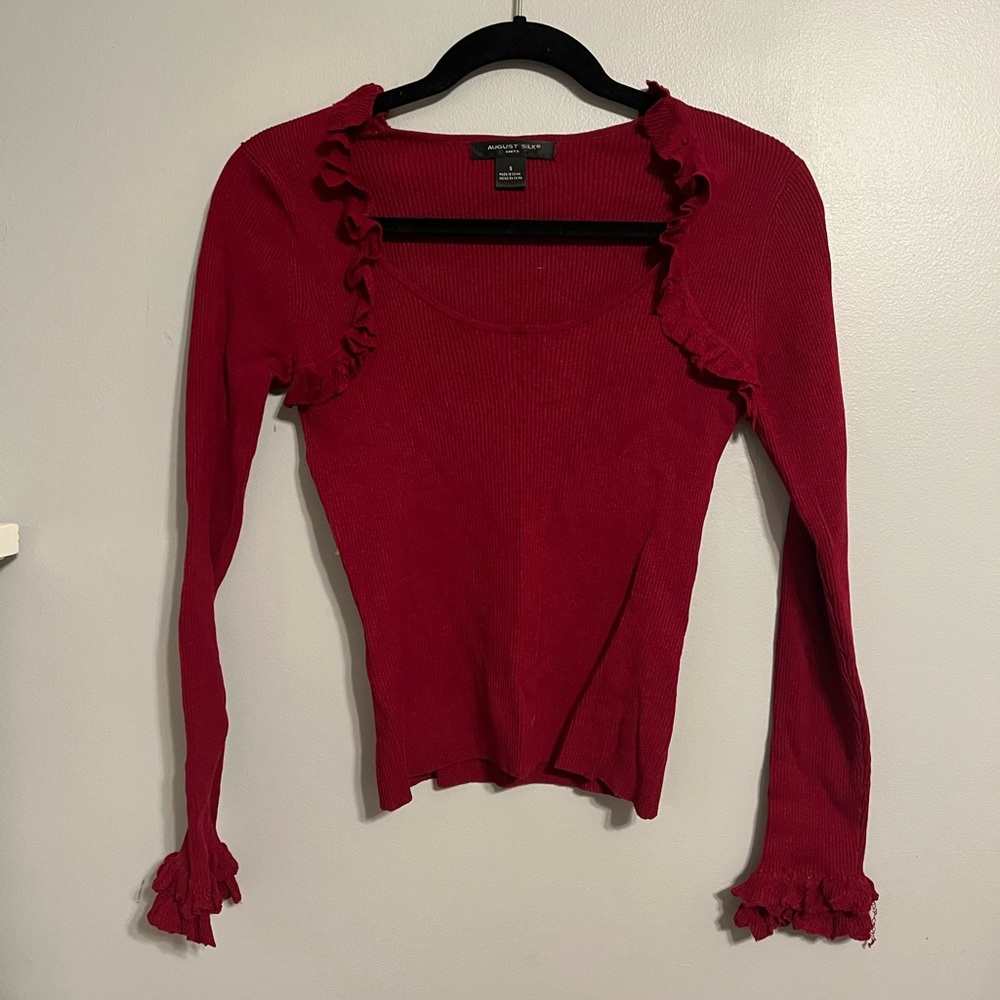 august silk Red Ribbed Ruffle Long Sleeve Top